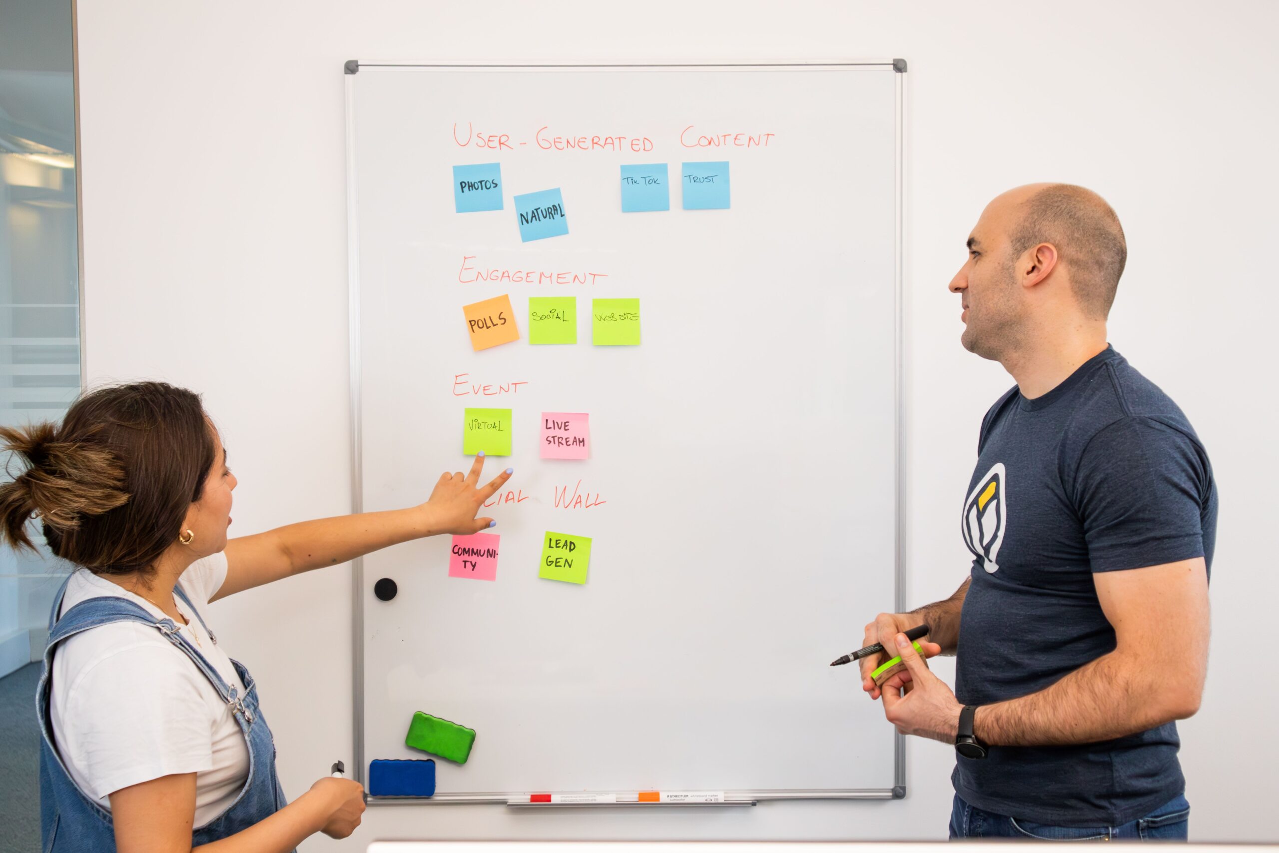Zwei Fachleute planen an einem Whiteboard mit Notizen die nächsten Schritte
