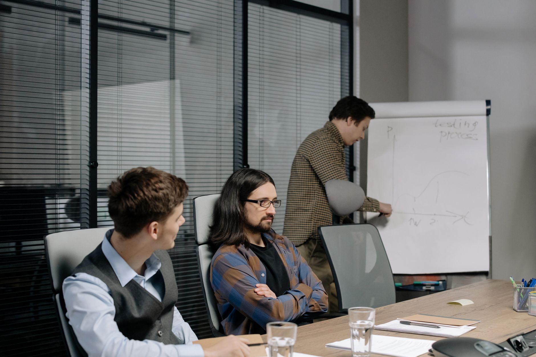 Team bespricht Projektstrategie mit Diagrammen und Notizen in einem Besprechungsraum